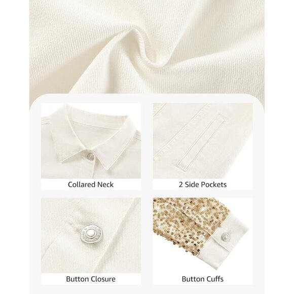 Cream White & Gold Sequin Jean Jacket for Women Long Sleeve Sparkly Denim Coat - Picture 6 of 7